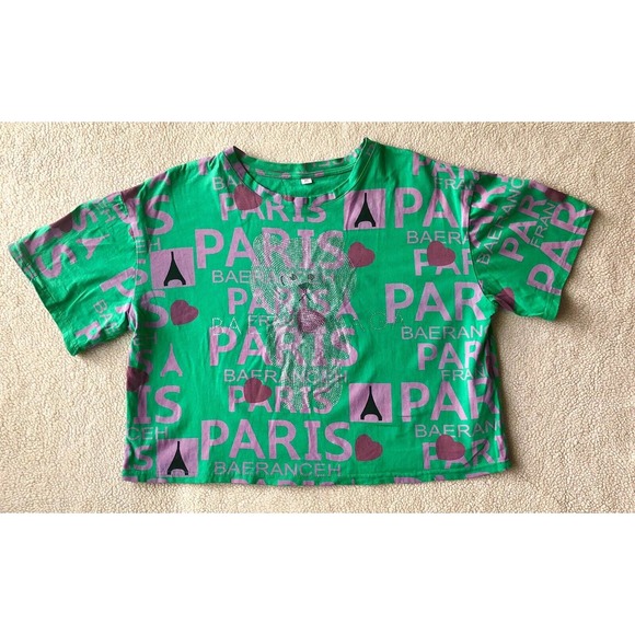 AYF Fashion Women’s XL Tee Sparkly Teddy Bear Eiffel Tower Heart Paris Spellout - Picture 1 of 13